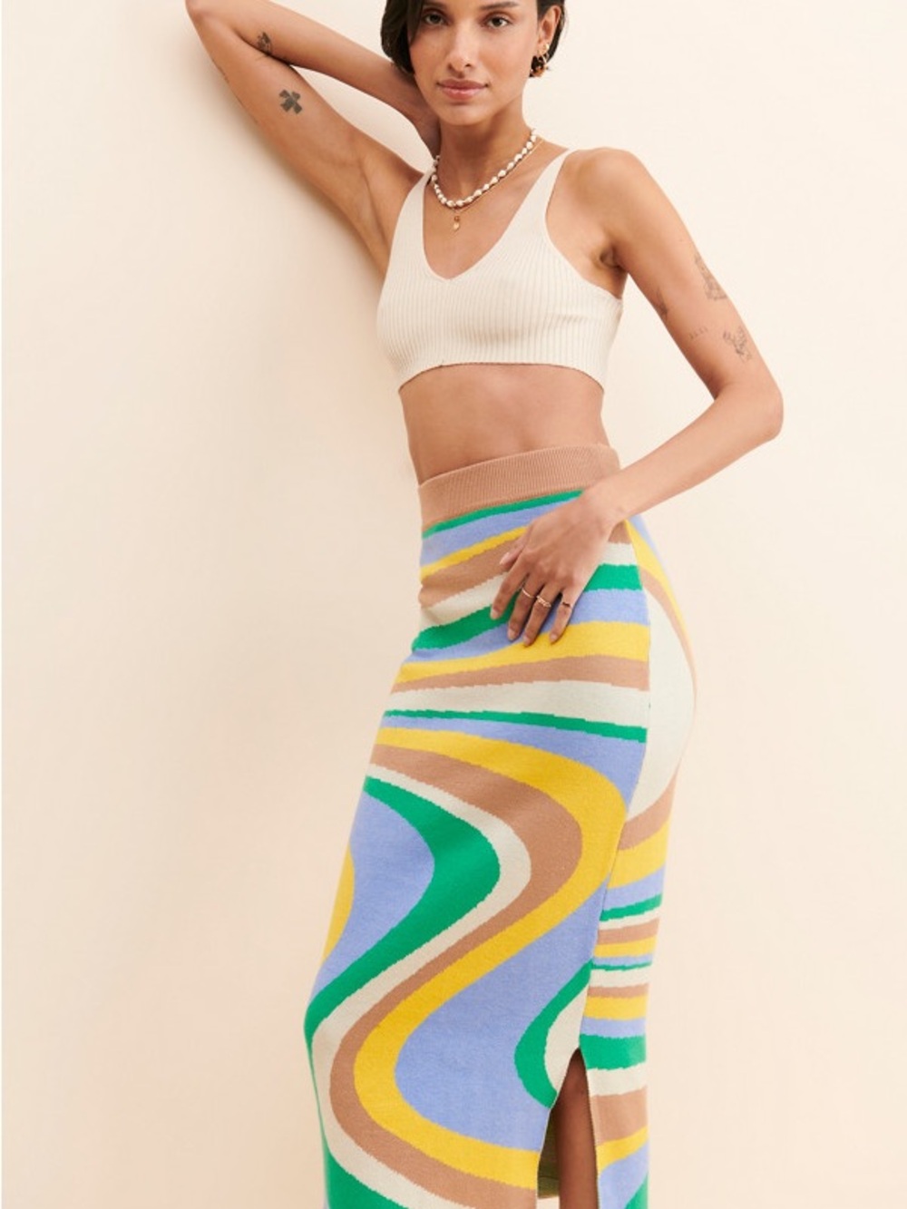 4SI3NNA Multicolor Wave Knit Midi Skirt - Green/Blue/Yellow/Tan/Cream